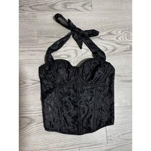 Womens Black Burnout Halter Corset Top Lace Up Back Size Small